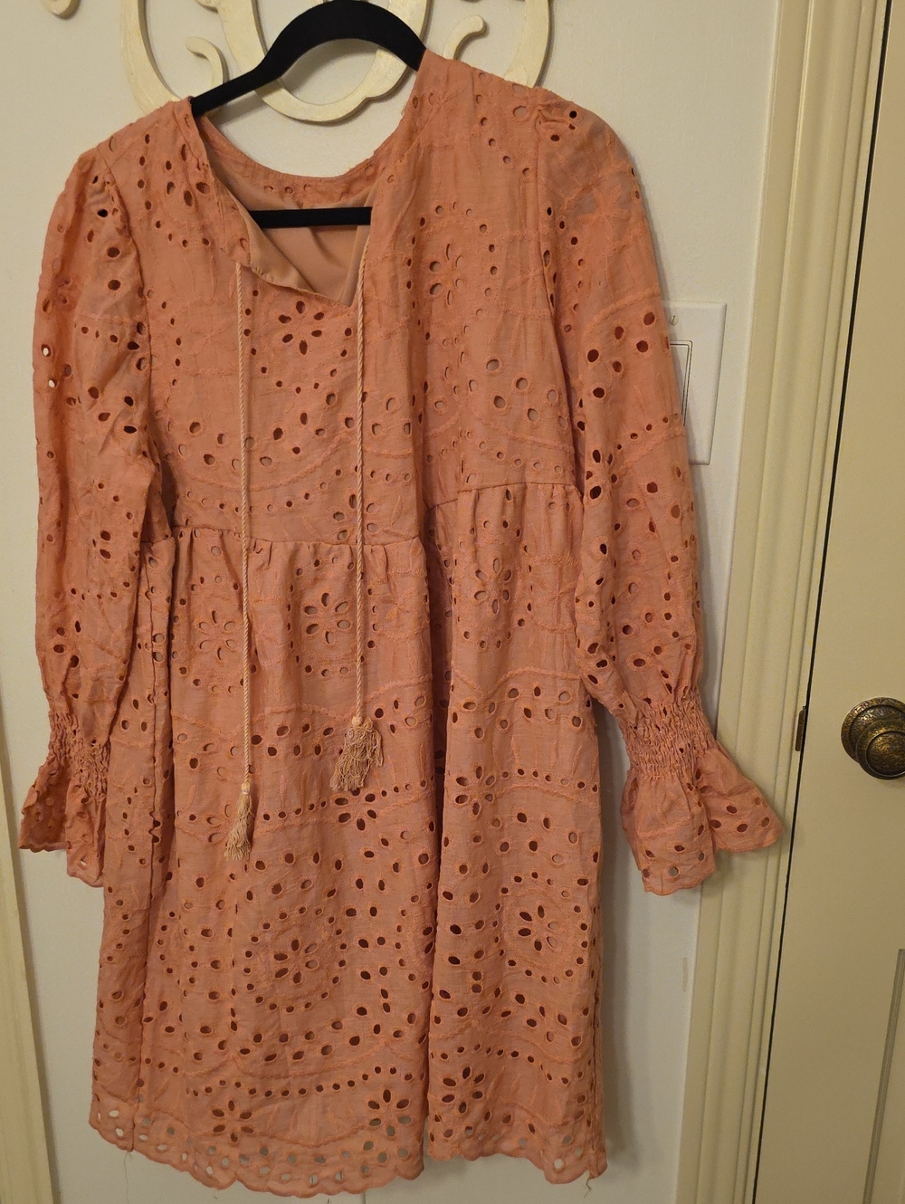 Peach Eyelet Tie-Front Shift Dress
